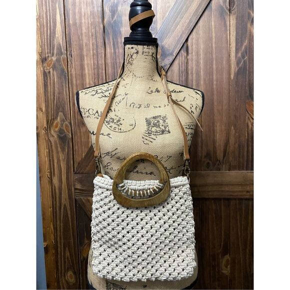 World Market Exclusive Boho Crochet and Wood Crossbody Purse Bag - Picture 2 of 6